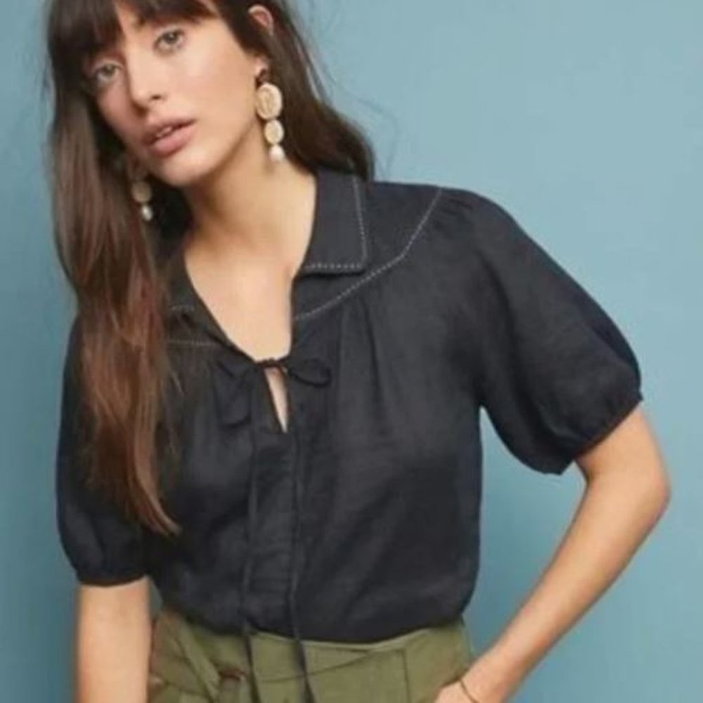 Anthropologie Black Linen Pullover Top Contrast White Stitching Small / Medium